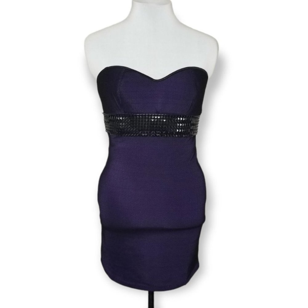 ⚡️Coquette Purple Body Con Fitted Mini Dress Fishnet Overlay Pyramid Stud Punk - Picture 6 of 8
